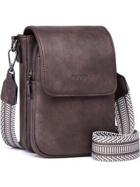 POIUGOYA Women's Deep Coffee Leather Triple Compartment Cell Phone Crossbody Bag